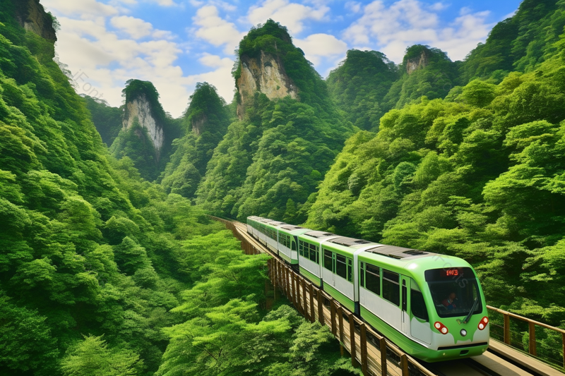 蓝色的天空白云绿色火车从山林中穿过摄影背景,高清,摄影图,摄影图片,图片大全,摄影图免费下载
